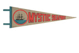 Vintage Mystic Seaport felt pennant, beige, with blue ship emblem and bold red text.