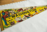 Colorful illustrations of campsite activities and wildlife on the vintage Washington, NH felt pennant.