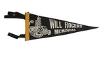 Vintage Will Rogers Memorial felt flag pennant in black with white lettering and shrine graphic.
