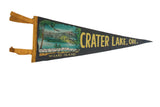 Vintage 1950s Crater Lake souvenir felt pennant with Wizard Island graphic, yellow text, 7x18.