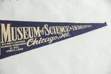 Vintage blue felt Museum of Science & Industry pennant with cream lettering and pointed tip.