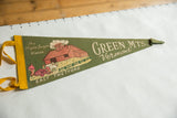 Vintage Green Mts. Vermont felt pennant showing Maple Sugar House art and yellow ties.
