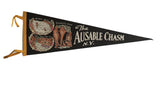 Vintage black felt pennant, The Ausable Chasm N.Y., with scenic landmark illustrations.