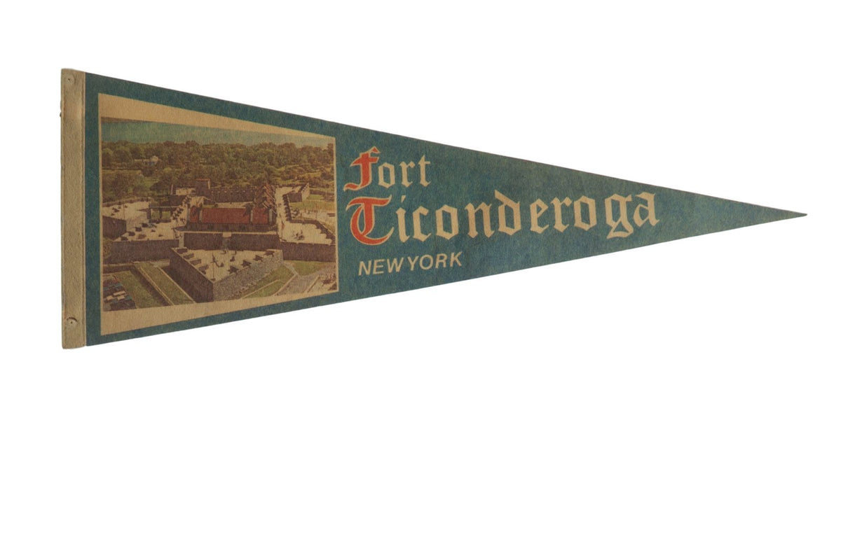 Vintage Fort Ticonderoga New York felt pennant with fort graphic, rust text, blue-green, 9x24.