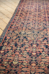 Traditional Malayer runner, navy and reddish-orange Herati pattern, worn texture, patch.