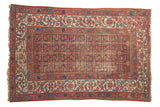 Vintage Malayer rug, allover Herati motif, visible wear, cochineal red, navy blue, ivory. 4'2