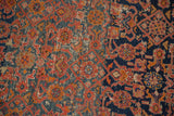 Herati motif on vintage Malayer rug, terracotta red, cobalt blue, showing wear to foundation.