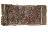 Antique Belouch rug runner displays an allover geometric gul pattern in warm copper beige and blues.