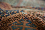 Antique Belouch rug: mostly even low pile, visible knot heads, geometric gul motif.