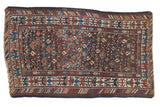 Antique Caucasian rug, allover geometric boteh and serpent motifs in navy, rose, sky blue.