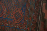 Antique Belouch rug detail: madder red, indigo geometric motifs, tribal border, textured kilim.