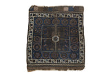 Antique Belouch square rug, indigo and charcoal geometric patterns with ivory, 2'9