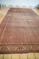 Antique Malayer carpet's detailed borders and classic repeating boteh design, with light tatter.