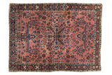 Dusty raspberry Mohajeran Sarouk rug with floral medallion, teal, sky blue bouquets.