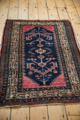 Vintage Hamadan rug, navy blue field, raspberry tree-of-life and mahi motifs, low pile.