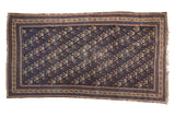 Antique Persian Belouch rug, unusual germinating flower motif in deep blue and madder red, 2'11