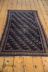 Secured, tattered fringe and traditional red floral border of the antique Belouch rug.