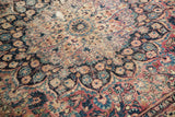 Floral cross-sections and vinery in blush, blue, and ivory with a time-softened pile.