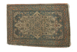 Antique Haji Jalili Tabriz rug, intricate center medallion, dusty teal blue, rose, ivory patina, 1'11