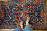 Vintage Hamadan rug: intricate elongated tree of life, rectilinear vinery, deep navy, madder red.