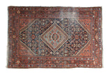 Vintage Mahal rug with diamond medallion, allover floral field, navy, cherry red, powder blue. 4'2