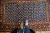 Navy blue field with allover boteh design and a red floral border, highlighting field wear.