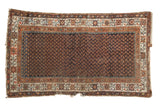 Vintage Hamadan rug, navy blue field with tangerine boteh lattice, ivory borders, tattered ends.