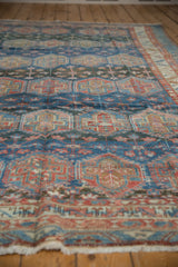 Distressed Baktiari carpet corner, soft sky blue and red geometric panels, subtle fringe.