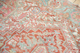 Distressed vintage Heriz carpet, intricate rectilinear vinery in cherry red, sea foam green, ivory.
