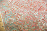 Distressed Heriz carpet, low pile with rectilinear pattern in cherry red, blue, ivory.