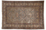 Worn vintage Malayer rug, plant lattice, Mir Serbend border, camel, blue, blush.
