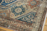 Distressed texture of a vintage Malayer rug corner, with blue and terracotta patterns.