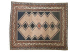 Antique Malayer rug, unusual ivory and navy diamond medallions, faded red, abrash wear, 5'2