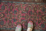 Oversized Herati motif in unusual purple, raspberry, and blue on a vintage Lilihan.
