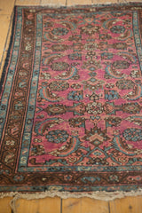 Vintage Lilihan rug, detailed raspberry red and blue Herati motif, worn pile, frayed end.