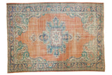Vintage Distressed Oushak Carpet with scalloped medallion, tangerine, blue, and teal hues, 6'4