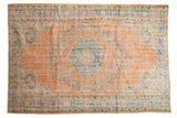 Vintage distressed Oushak rug, apricot peach scalloped floral medallion, mint and blue, 5'9