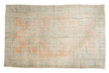 Distressed Oushak carpet, faded medallion, European corners, pale orange, mint, blue, ivory, 6' x 9'7