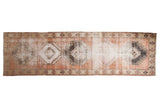 Distressed vintage Oushak runner, pale terra cotta, ivory, brown geometric medallions, 3'9