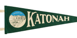 Detailed view of the vintage Katonah Avenue illustration on a forest green wool felt pennant.