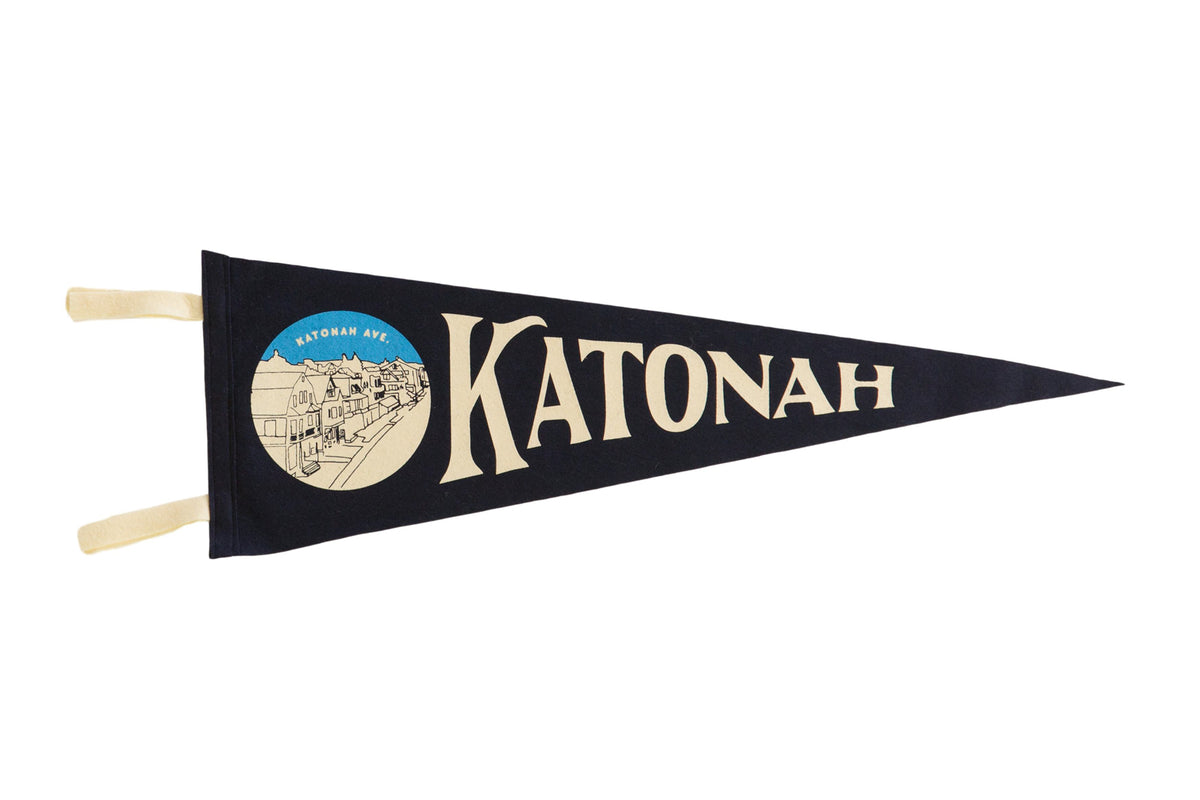 Navy blue felt pennant displaying Katonah NY lettering and Katonah Avenue town illustration.