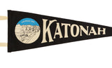 Katonah Avenue street scene graphic and cream lettering on a black wool felt pennant.