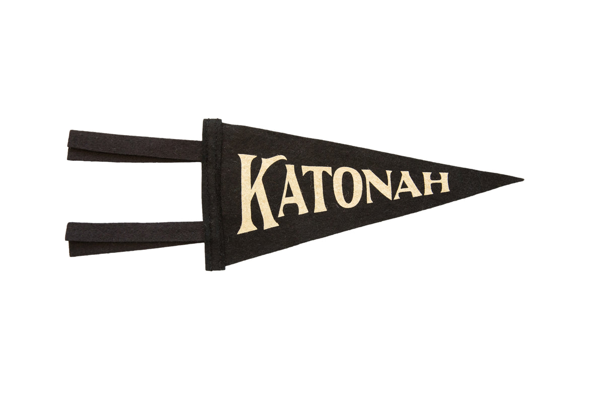 Katonah NY mini black felt pennant with classic off-white serif lettering.