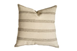 Wool fabric pillow with creamy base and textured horizontal beige stripes, 24x24 inches.
