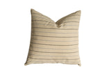 Beige remnant silk throw pillow featuring delicate gray and black striping, 20x20 inches.