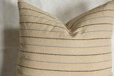 Textured silk throw pillow fabric with delicate charcoal and light blue horizontal stripes.
