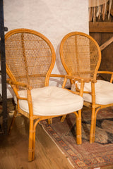 Vintage rattan chair legs on hardwood floor, next to a traditional red and blue patterned rug.