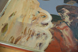 Textured abstract brushstrokes in cream, brown, and red on the vintage OM painting.