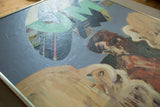 Abstract vintage painting detail with textured tan, brown, and cream brushstrokes.