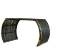 Vintage black bamboo foot stool with chippy paint and curved shape.